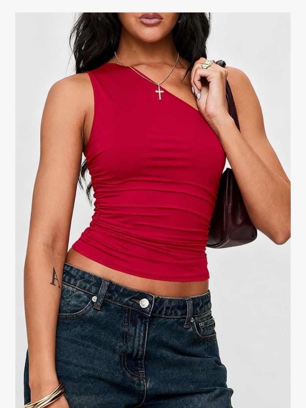 Women’s One-Shoulder Ruched Tank Top in Red - Picture 5 of 5